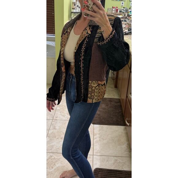 90s Tapestry & velour blazer jacket Neo Nostalgia Vintage patchwork Brown Medium - Picture 3 of 10
